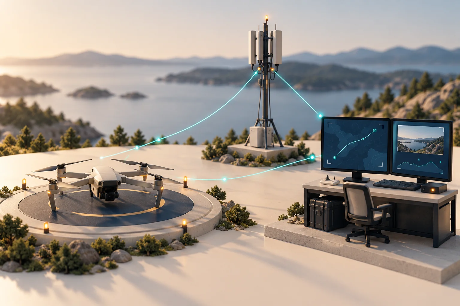 Koncepční ilustrace propojení dronu, mobilní sítě a dispečerského pracoviště