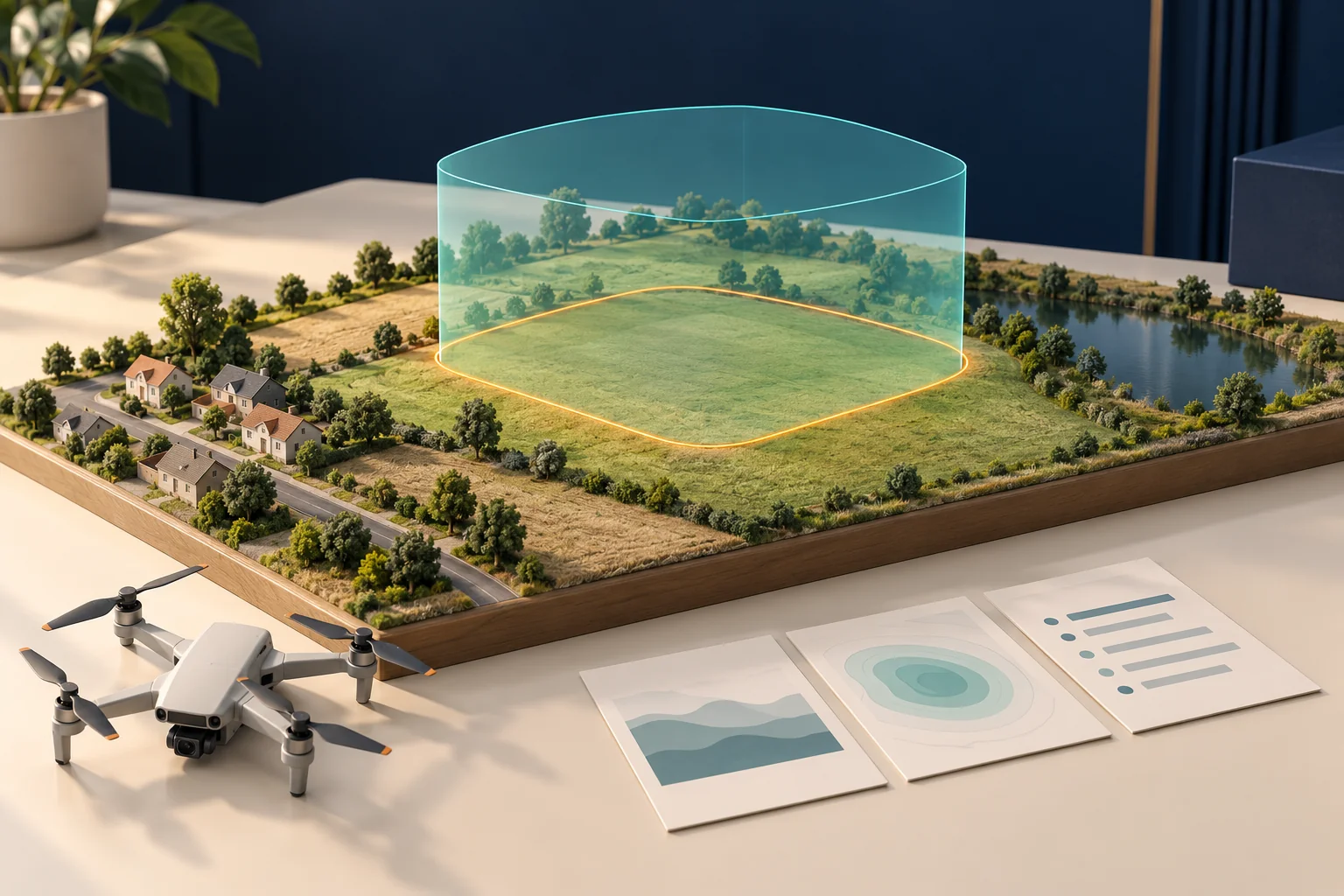 Ilustrační prostorový model plánovaného letu dronu a okolního prostředí