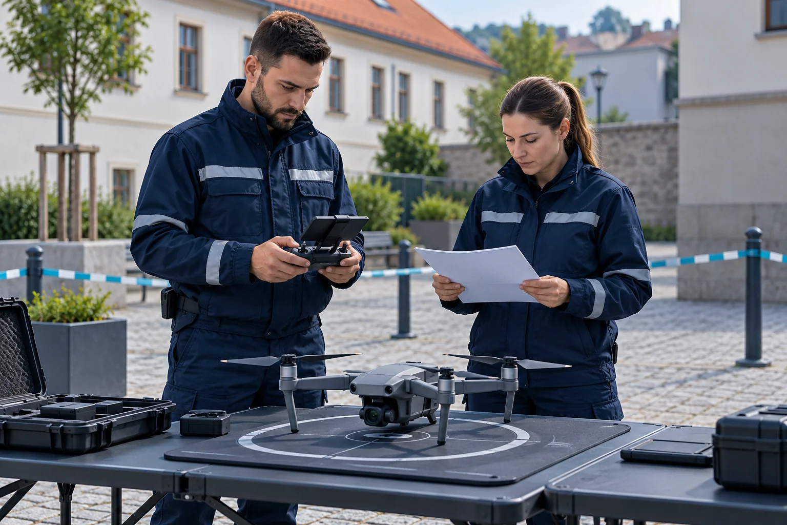 Ilustrace dvou členů obecní policejní jednotky při přípravě dronu na zemi