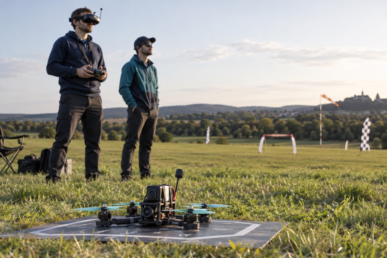 Pilot FPV trénuje na otevřené ploše s pozorovatelem