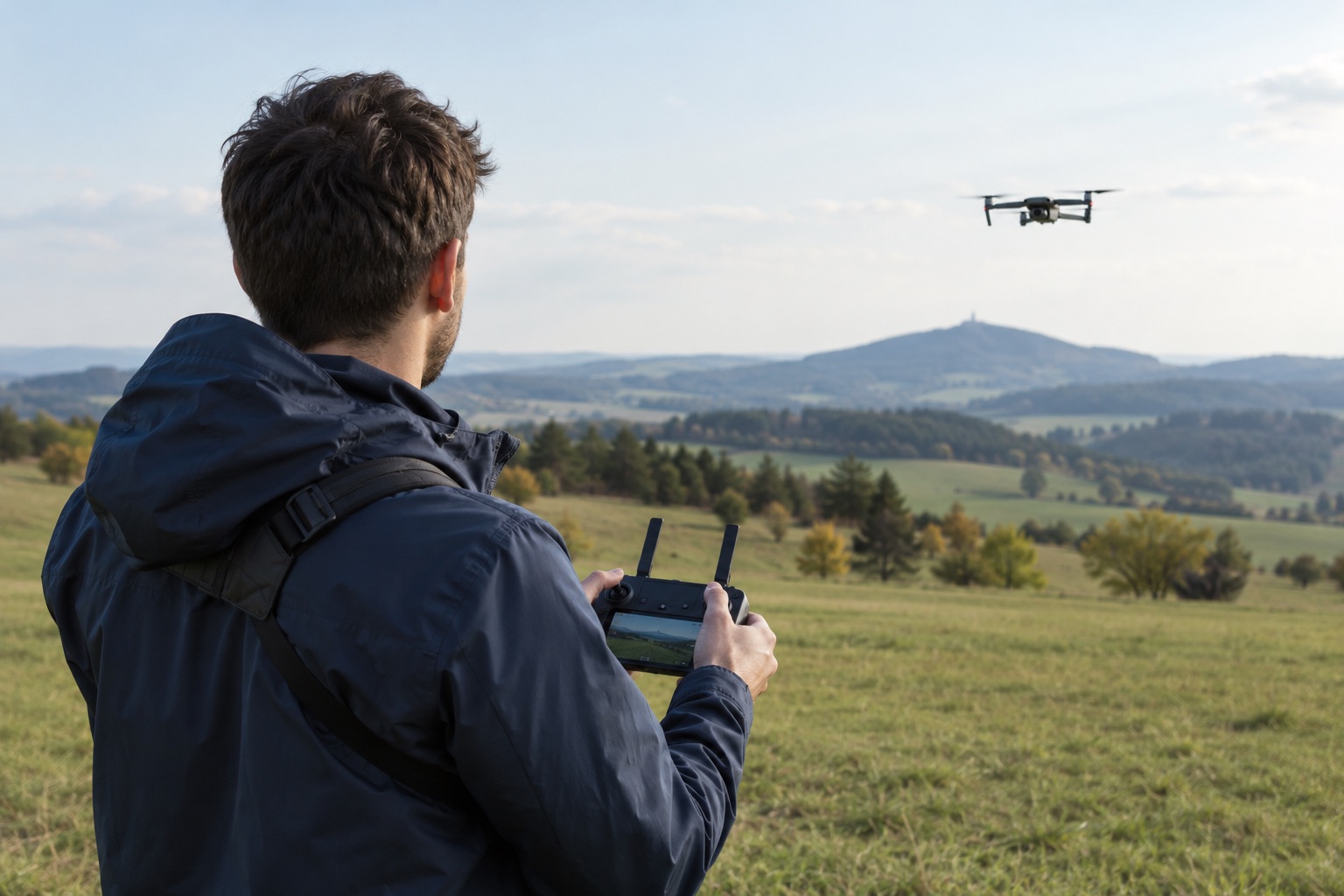 Ilustrační fotografie pilota připravujícího dron v terénu