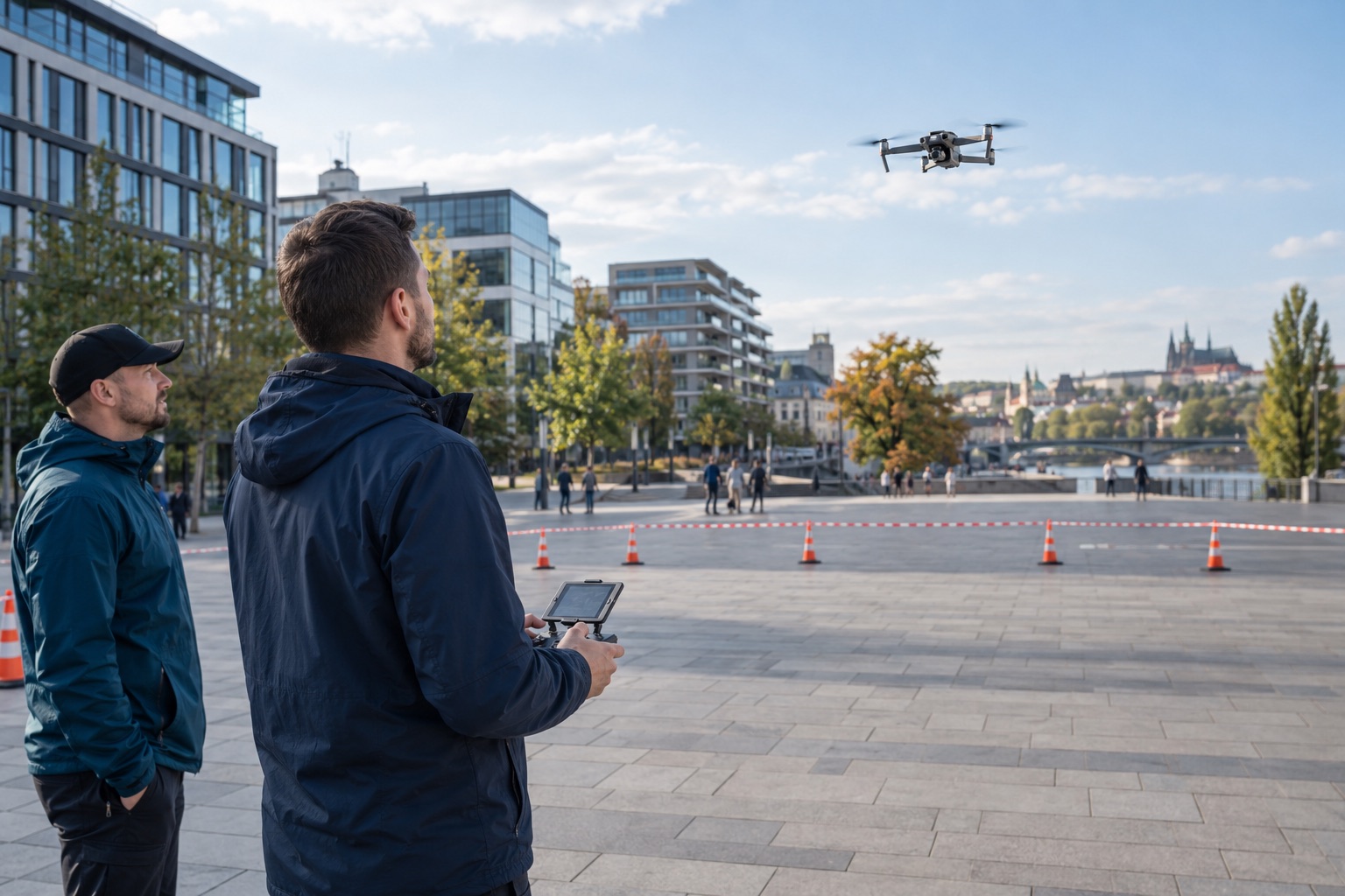 Pilot s instruktorem létá s dronem ve vyhrazeném prostoru ve městě