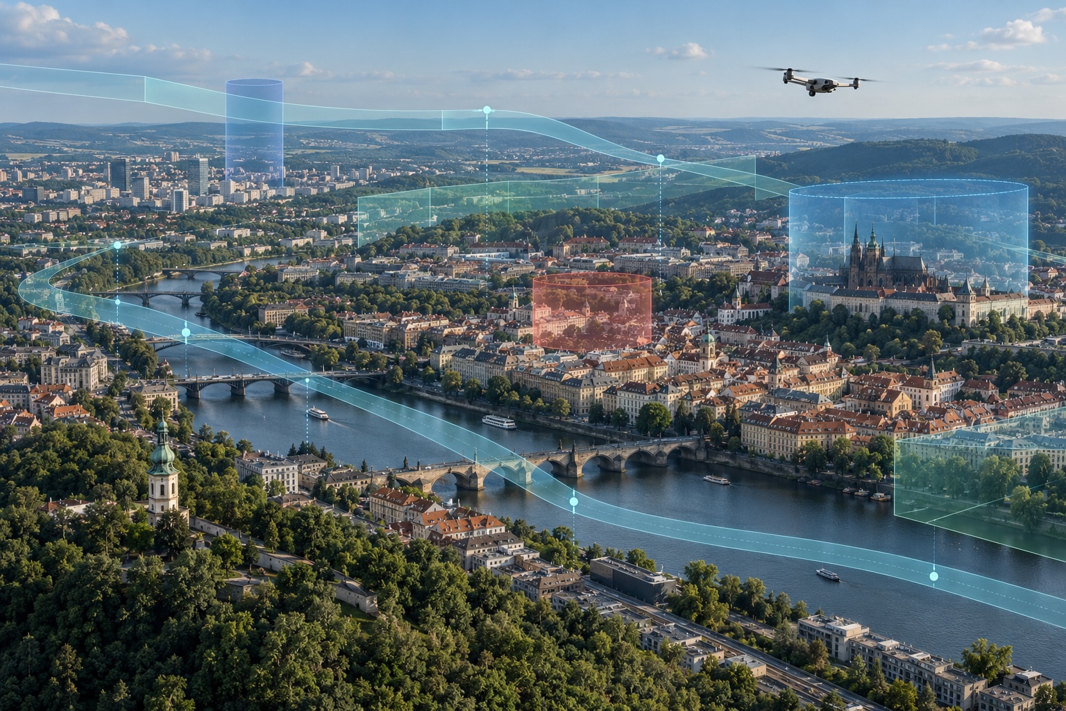 Ilustrační vizuál plánování dronové mise; nejde o skutečnou mapu