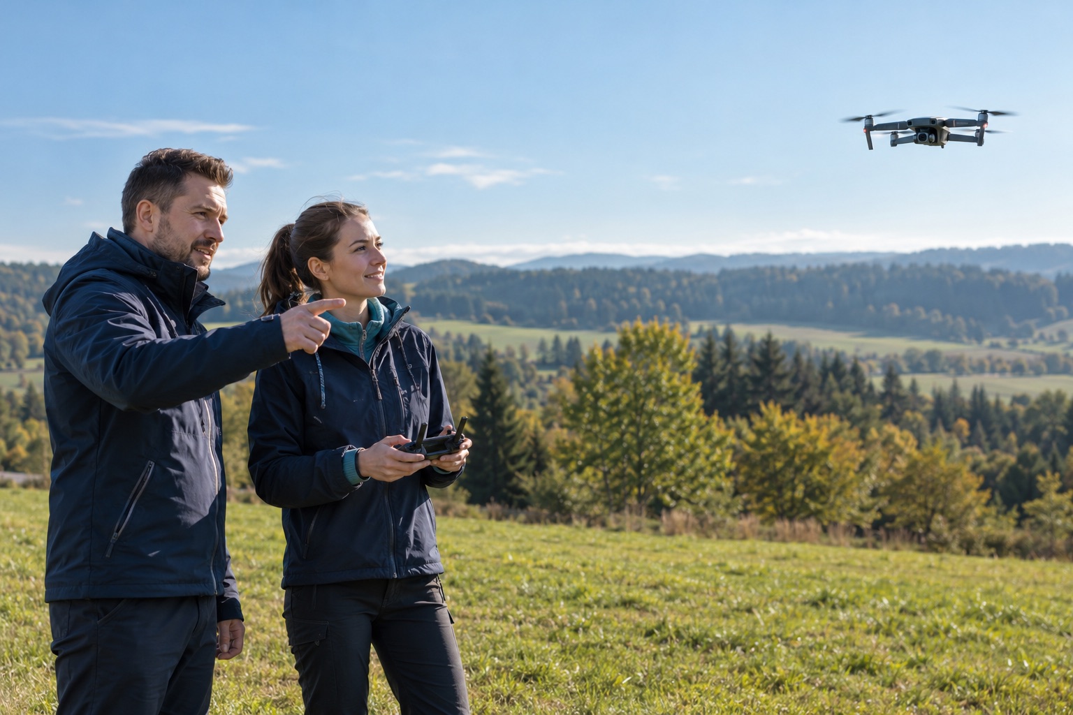 Instruktor učí pilotku ovládat dron v terénu